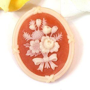 Vintage Avon Floral Bouquet Carved Resin Cameo Brooch Pin Flowers Pink White